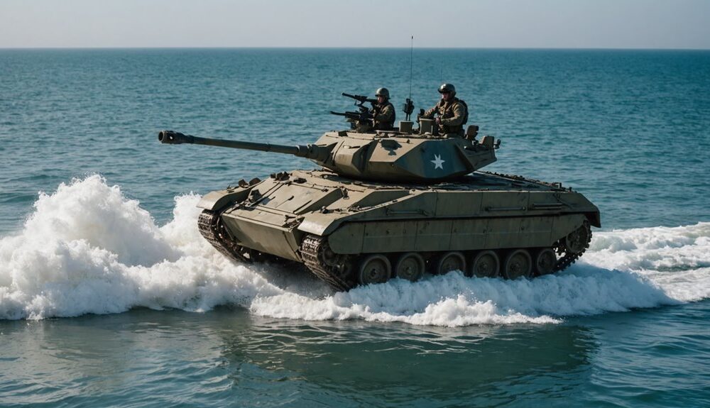 amphibious tank demolishes barrier