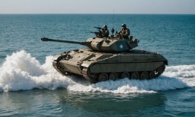 amphibious tank demolishes barrier