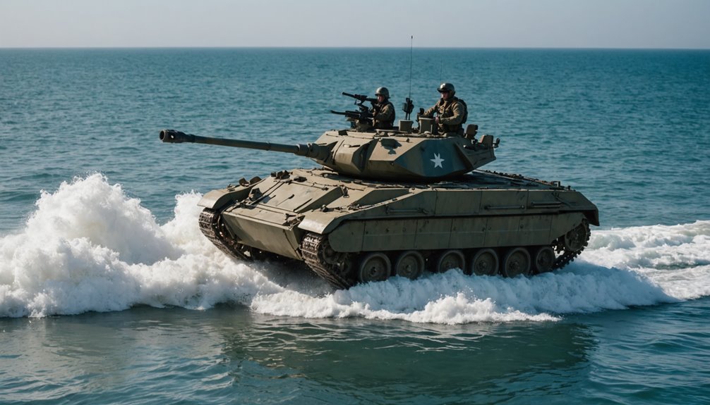 amphibious tank demolishes barrier